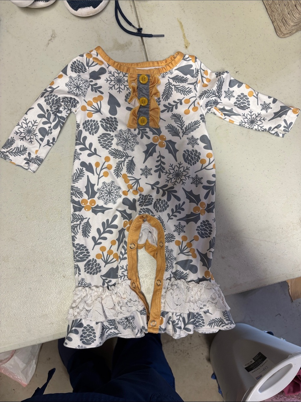 Girls Floral Holiday Romper with Mustard Trim